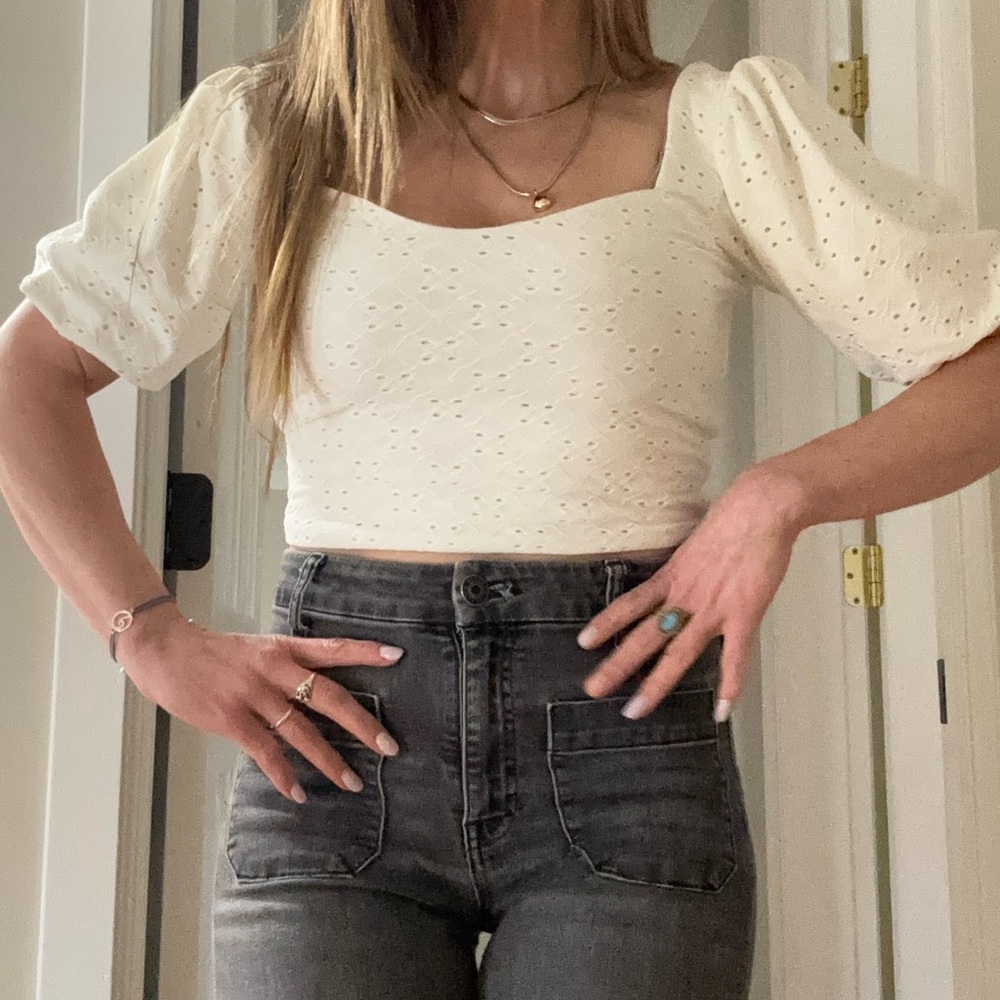 Z Supply Cream Eyelet Puff Sleeve Crop Top